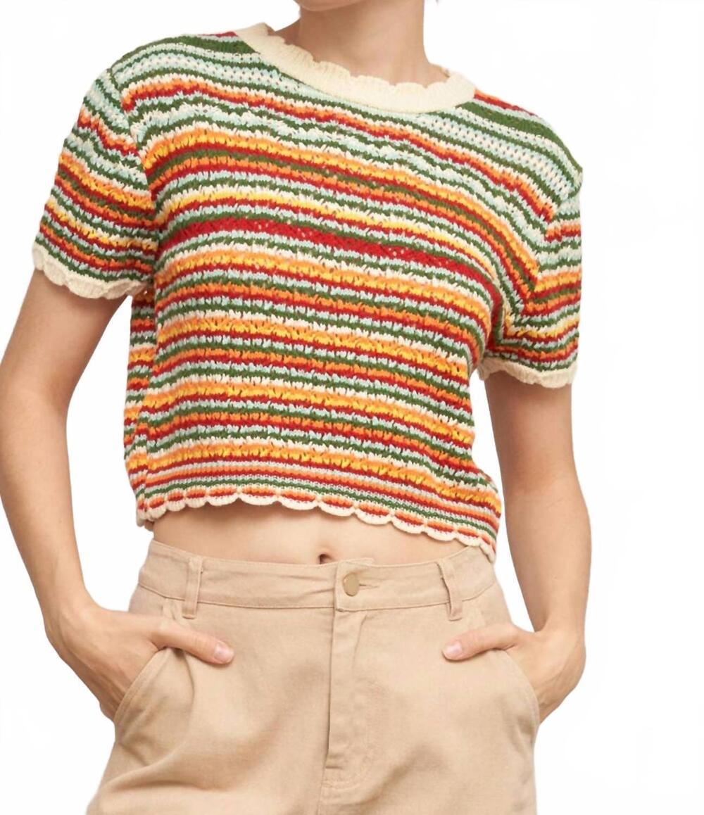 NEW EN CREME short sleeve knit sweater cropped top in multicolor